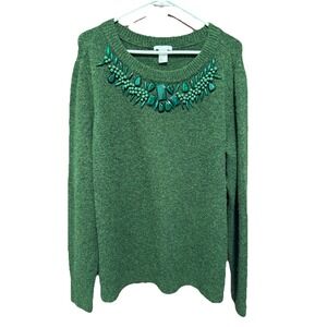 H&M Green Embellished Sweater Jewel Neck Long Sleeve‎ Knit Top Size Large